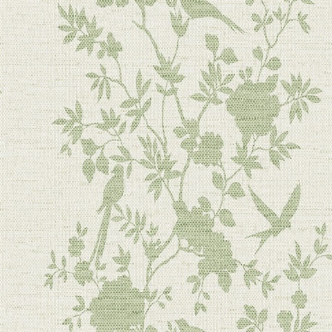 Bird on Linen Texture Green Ivy