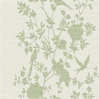 Bird on Linen Texture Green Ivy