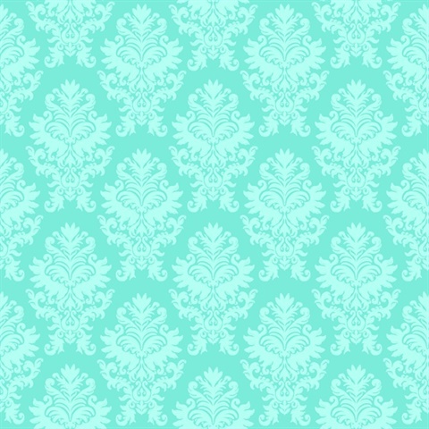 Aqua Large Scale Classic Damask Commercial Wallcovering