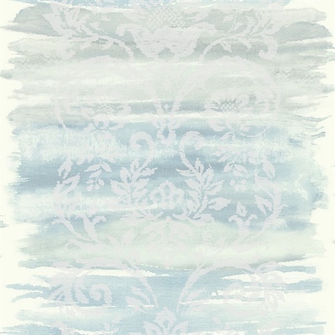 Blue, Metallic Silver & White Damask Commercial Wallcovering