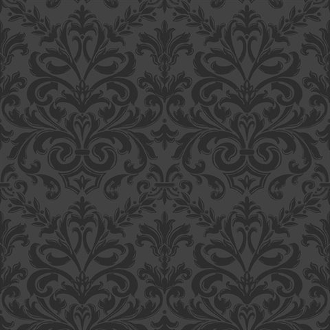Charcoal Grey Feathered Damask Commercial Wallcovering