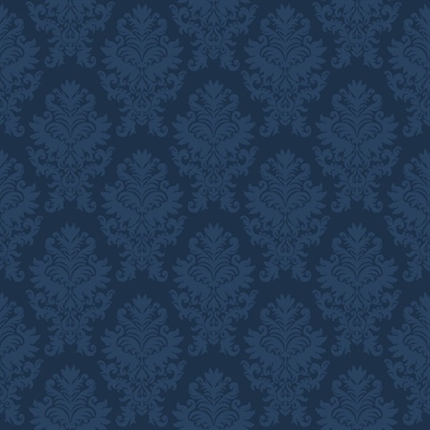 Navy Blue Large Scale Classic Damask Commercial Wallcovering