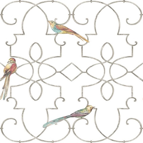 White & Silver Commercial Ironwork with Birds Wallcovering